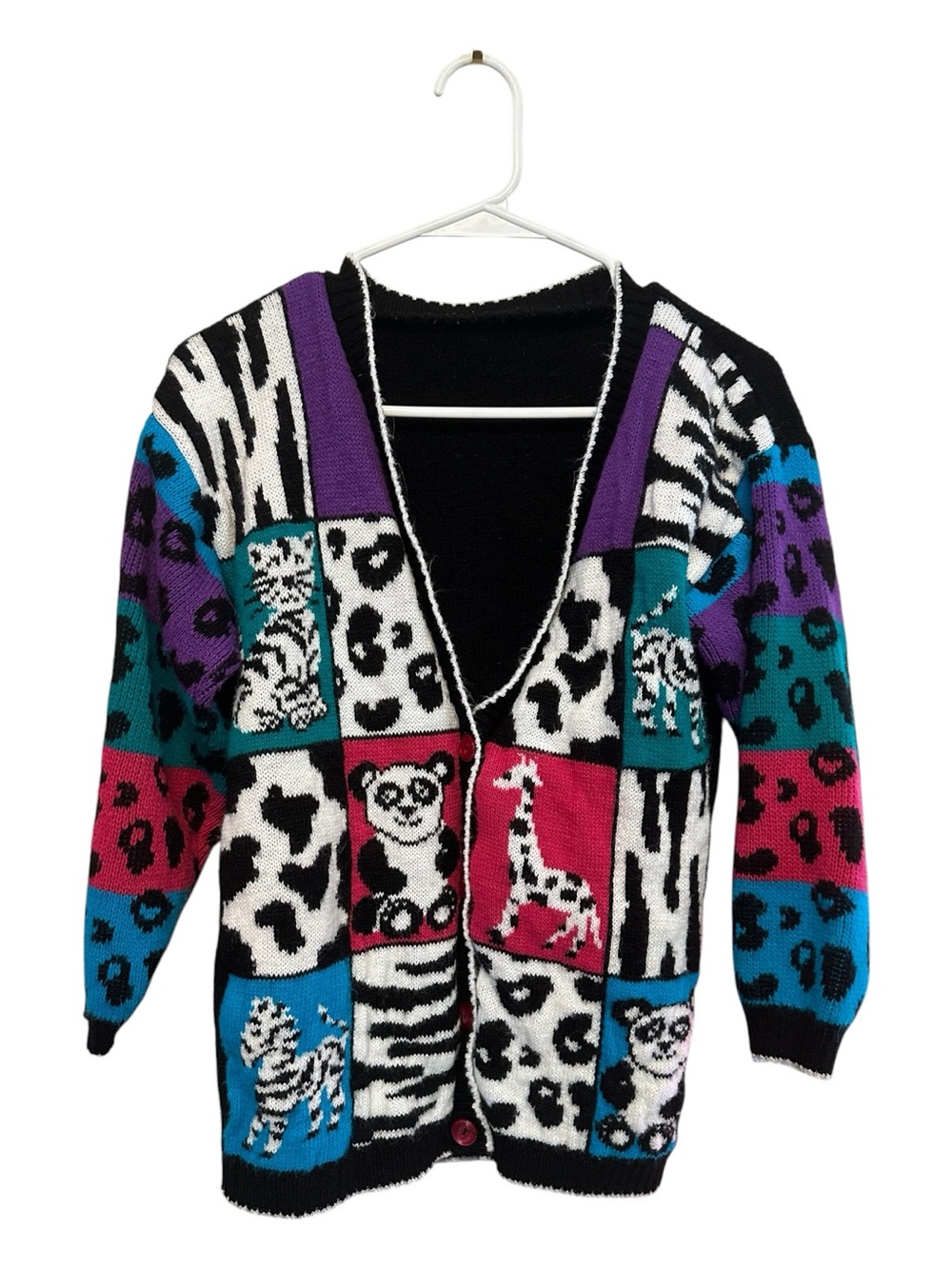 Vintage 80’s Unbranded Womens Multicolor Animal Patchwork Cardigan Sweater S